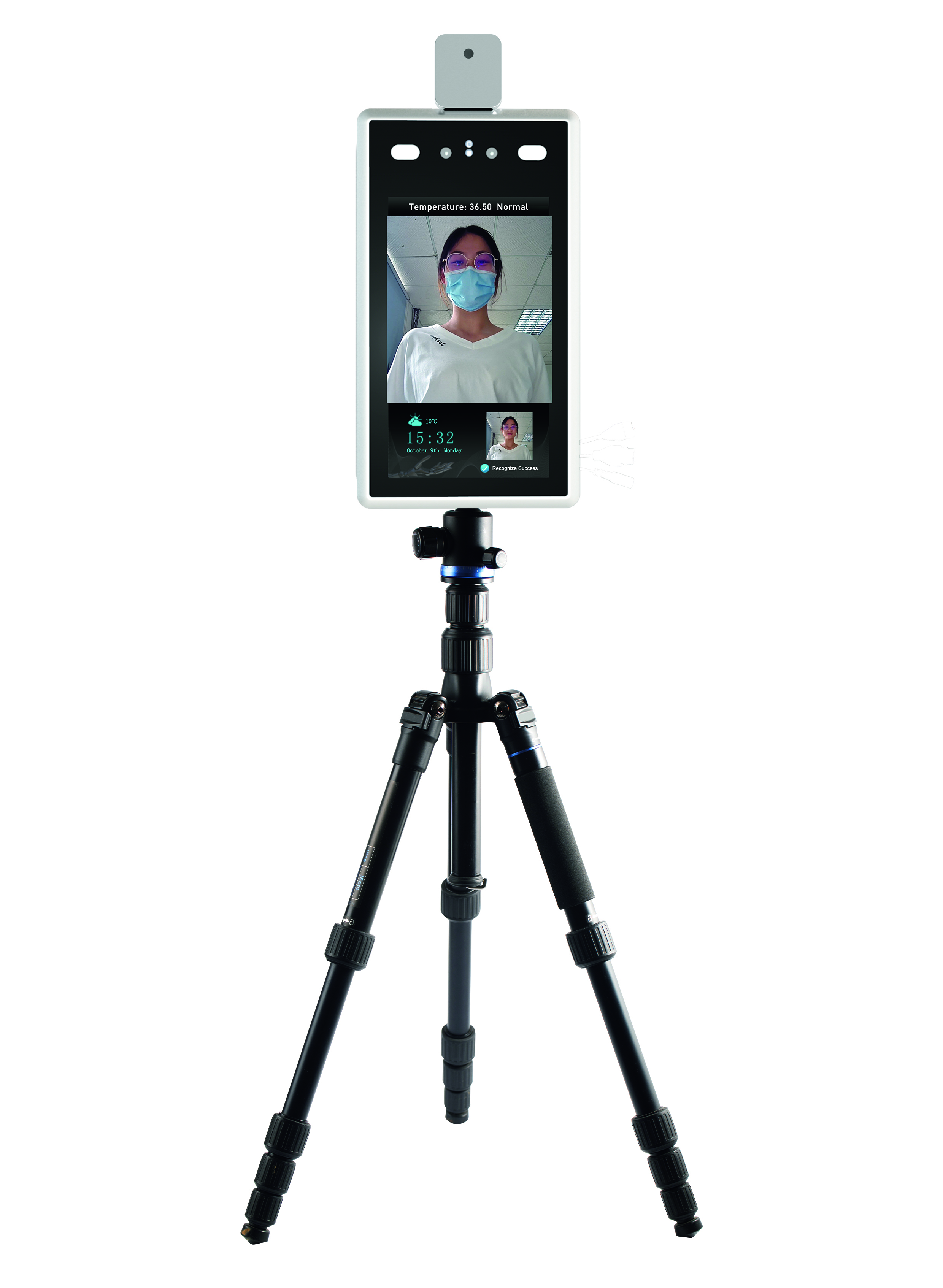 Beskontaktni uređaj za kontrolu pristupa i evidenciju radnog vremena prepoznavanjem crta lica sa mjerenjem tjelesne temperature na tripodu